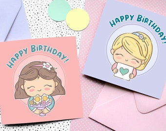 CARINO BIGLIETTO DI COMPLEANNO con busta - Buon compleanno, ragazza con cuore e fiore - Biglietto d'auguri Kawaii