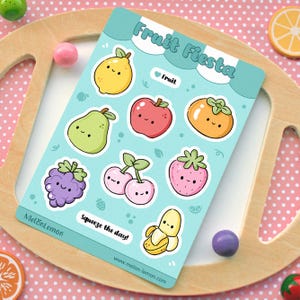 FRUIT FIESTA - Folha de adesivos Kawaii para decorar Agenda, Diário, Bullet Journal, Scrapbook - Ilustrações fofas