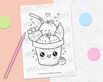 PRINTABLE COLORING PAGE Fruit Cocktail - Kawaii Illustrations, Kids Art, Cute Coloring pages, Line Art