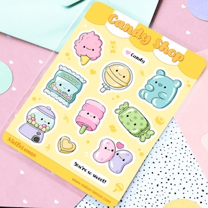 CANDY SHOP - Kawaii Sticker Bogen zum Dekorieren von Agenda, Tagebuch, Bullet Journal, Scrapbook - Niedliche Illustrationen