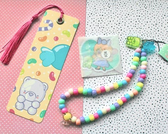 BUNDEL Snoepset van Kawaii Leuke bladwijzer, stickers, telefoonriem - Perfect verjaardagscadeau idee voor haar - Pastel kralen mobiele telefoon charme