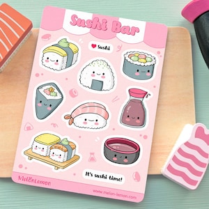 SUSHI BAR - Kawaii Sticker Bogen zum Dekorieren von Agenda, Tagebuch, Bullet Journal, Scrapbook - Niedliche Illustrationen