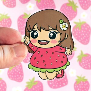 Vinylsticker - STRAWBRINA | Kawaii, schattige fruitmeisje gestanste waterdichte stickers voor decoratie agenda, laptop, waterfles, telefoon