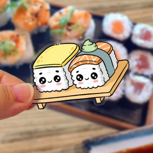 Autocollant en vinyle - AMIS SUSHI | Kawaii, mignons sushis, autocollants imperméables découpés avec des matrices pour décorer un agenda, un ordinateur portable, une bouteille d'eau, un téléphone