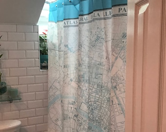 Paris Map Shower Curtain - Atlas de Paris, France - Pastel, blue aqua,  French Travel Inspired  Home Decor,  cottage chic Bathroom