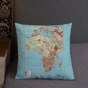Map of Africa Throw Pillow - beautiful historical relief map of the African Continent, blue, rust