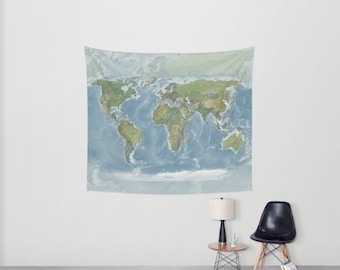 Tapiz de pared con mapa del mundo moderno: decoración de viaje en azul y verde