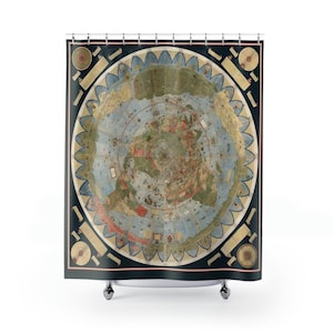 May include: A vintage world map shower curtain featuring a circular map with a blue and green color scheme. The map is surrounded by a decorative border with scrolls and compass roses.