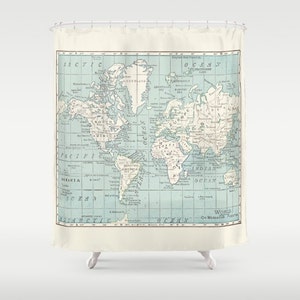 Blue and White Map Shower Curtain - travel decor world map bathroom - geography