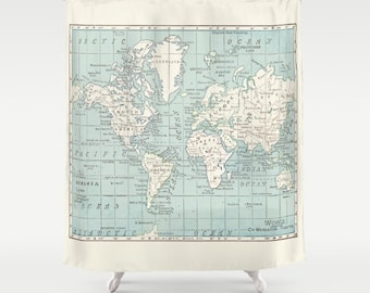 Blue and White Map Shower Curtain - travel decor world map bathroom - geography