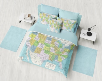 United States Duvet Cover or comforter,  bed bedroom, travel decor, cozy soft, blue,  atlas, America geography, cartography