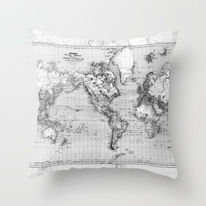 World Map Pillow - Grey and black Map of the World throw Pillow  travel Decor
