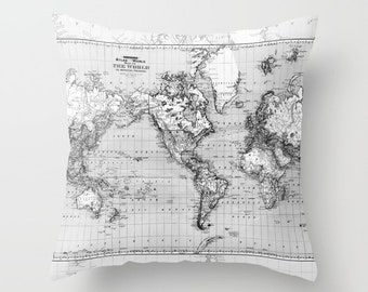 World Map Pillow - Grey and black Map of the World throw Pillow  travel Decor