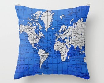 World Map throw Pillow - Cobalt world map, travel decor, blue and gray, travel decor