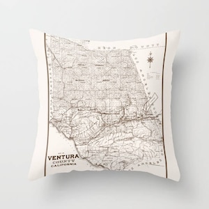 Ventura County Throw Pillow - Vintage Map - retro - Simi Valley, California, Moorpark, Thousand Oaks, decor, travel,  den, dorm, bedroom