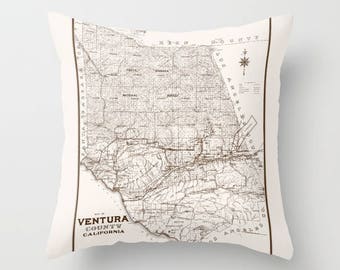 Ventura County Throw Pillow - Vintage Map - retro - Simi Valley, California, Moorpark, Thousand Oaks, decor, travel,  den, dorm, bedroom