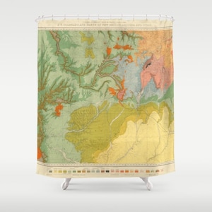 May include: A vintage map of the geological formations of New Mexico and parts of Oklahoma and Texas. The map is printed in shades of green, yellow, orange, red, and blue. The map is labeled "Geological Formations of New Mexico and Parts of Oklahoma and Texas."