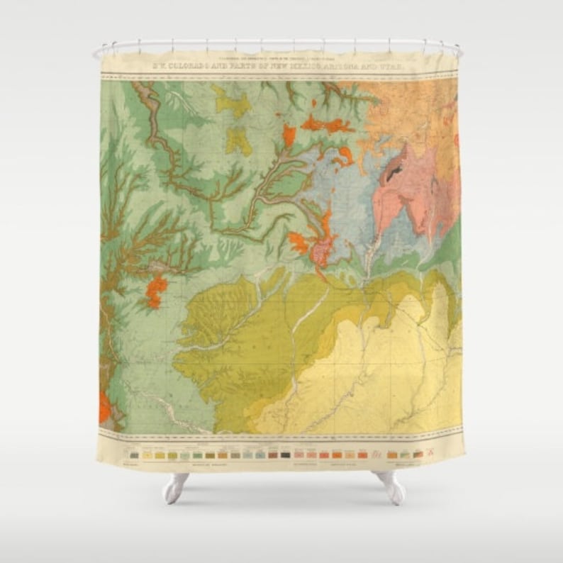 May include: A vintage map of the geological formations of New Mexico and parts of Oklahoma and Texas. The map is printed in shades of green, yellow, orange, red, and blue. The map is labeled "Geological Formations of New Mexico and Parts of Oklahoma and Texas."