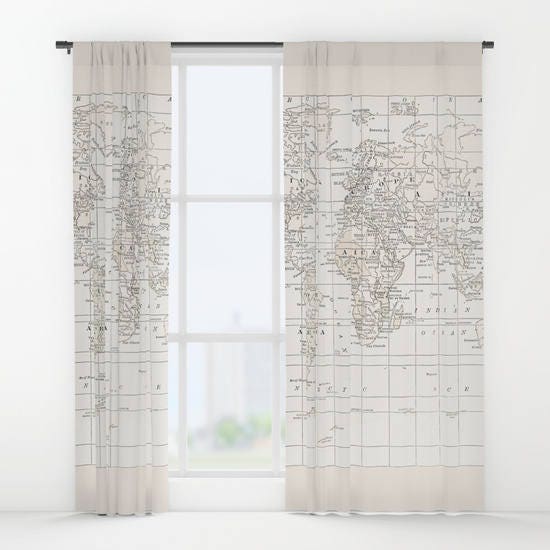 Cream on White World Map Shower Curtain - Historical Map Travel Decor ...