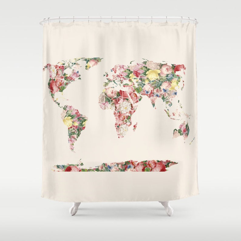 Floral World Map Shower Curtain Retro Floral Bathroom Maps Etsy