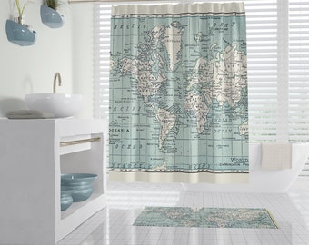 Blue and White Map Shower Curtain - travel decor world map bathroom - geography
