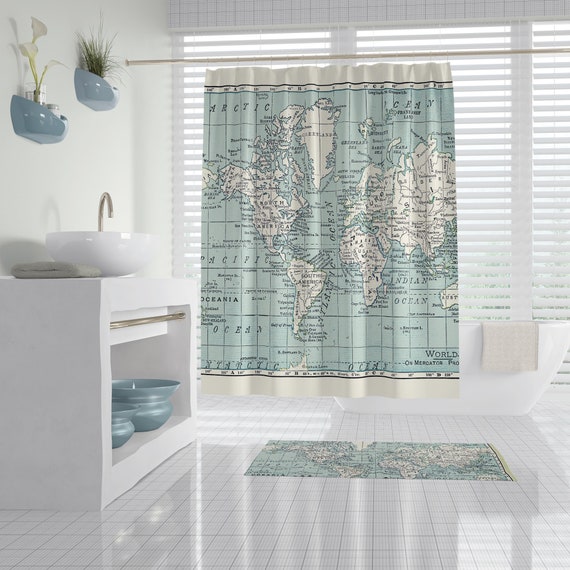 Blue And White Map Shower Curtain Travel Decor World Map Etsy