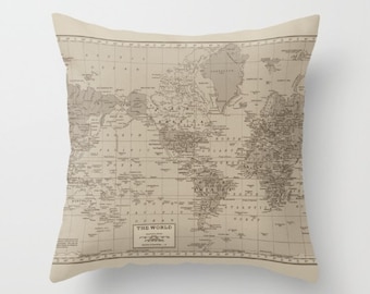 World Map Pillow - Brown, tan historical world map, travel decor, wanderlust,  Vintage Maps, unique, colorful, rectangular