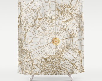 Map with Compass Fabric Shower Curtain - "Give Me Direction" - Travel Decor - Bathroom - travel, white gold, inspiration, compass rose decor