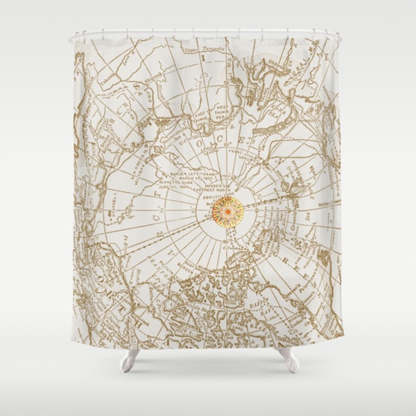 Map with Compass Fabric Shower Curtain - "Give Me Direction" - Travel Decor - Bathroom - travel, white gold, inspiration, compass rose decor