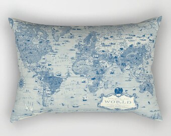 Funda de almohada vintage con mapa del mundo de Mercator: diseño de viaje en azul crema