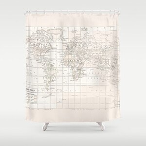 Cream on White World Map Shower Curtain Historical map travel decor, minimalist, fabric, image 2