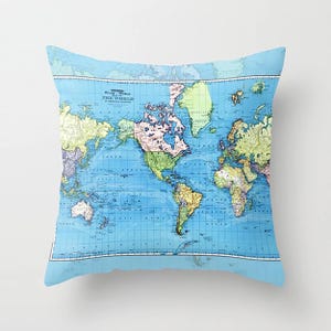 Vintage Mercator World Map Pillow: Vibrant Blue Travel Decor
