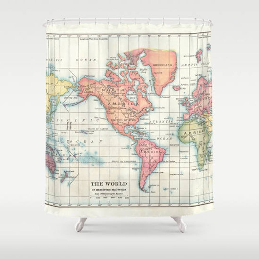 World Map Shower Curtain Historical Vintage Map of Continents, Colorful