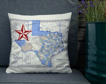 Texas Star Throw Pillow - vintage map of Texas, accent cushion