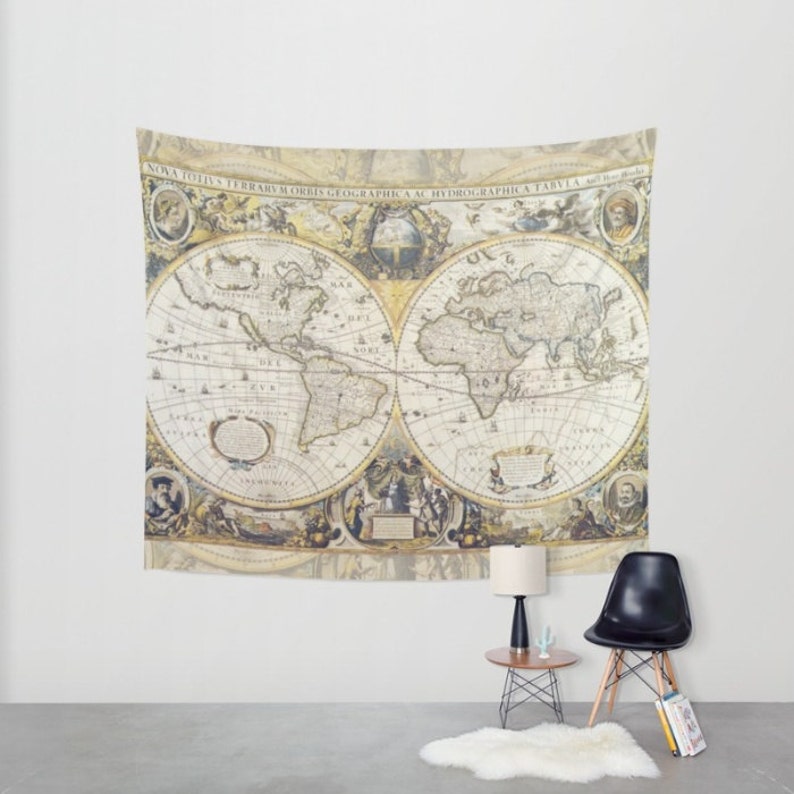World Map Tapestry Wall hanging antique map print beautiful Etsy