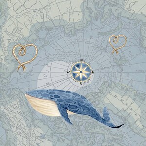 May include: A nautical-themed illustration featuring a blue whale, two rope heart shapes, and a compass rose on a vintage map background. The map is in shades of blue and beige, with geographical details.