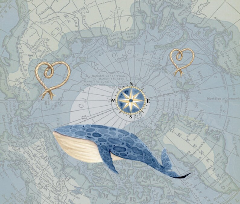 May include: A nautical-themed illustration featuring a blue whale, two rope heart shapes, and a compass rose on a vintage map background. The map is in shades of blue and beige, with geographical details.