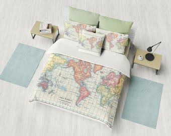 World Map Duvet Cover - map of continents - bed - bedroom, travel decor, cozy soft, pastels, blue, =cream, green,  winter, warm, wanderlust