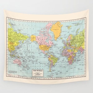 World Map Wall Tapestry - dorm room decor-  vintage map, travel decor, wall decor atlas, den, bedroom, college dorm room popular
