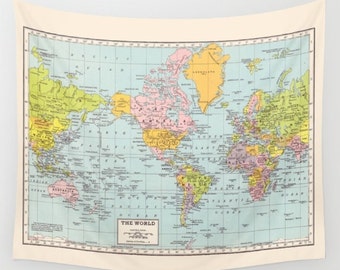 World Map Wall Tapestry - dorm room decor-  vintage map, travel decor, wall decor atlas, den, bedroom, college dorm room popular