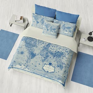 Blue World Map Duvet Cover bedding, comforter map, blue, beige, boy's bedroom, travel decor, cozy soft, warm, atlas, geography image 1