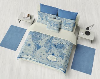 Blue World Map Duvet Cover - bedding, comforter -  map, blue, beige, boy's bedroom, travel decor, cozy soft, warm,  atlas, geography