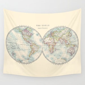 World Map Hemispheres Tapestry Wall hanging - dorm room decor, retro, beautiful map, travel decor, wall decor