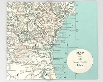 Manta con mapa de la costa de Georgia: manta de viaje retro en verde azulado