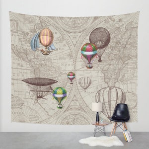 May include: A tapestry featuring a vintage world map with hot air balloons and an airship. The map is beige with brown lines and text. The balloons are colourful and have different shapes and sizes. The airship is brown and has a gondola.