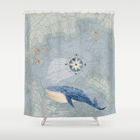 Nautical Whale Map Shower Curtain: Vintage Coastal Bathroom Decor