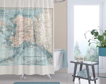 Vintage Alaska Map Shower Curtain: Historical travel Coastal Decor