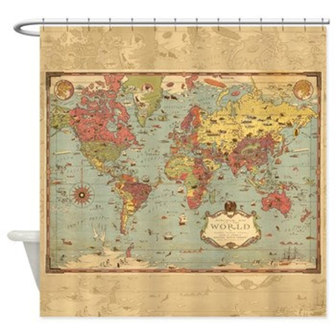 Retro Decorative World Mercator Map Shower Curtain - Historical ...