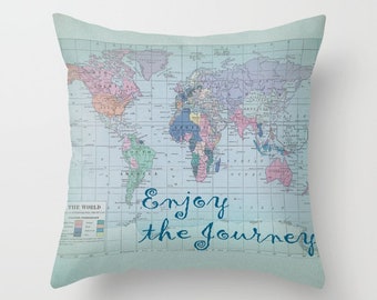 Journey Map Throw Pillow -  Enjoy the Journey - World map cushion, travel decor, unique, blue