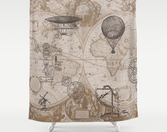 Steampunk Style Shower Curtain - hot air balloons,  map, antique brown, gears, beige